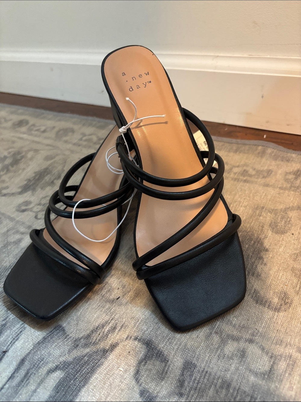 a new day Black Multi-Strap Square-Toe Slide Heels